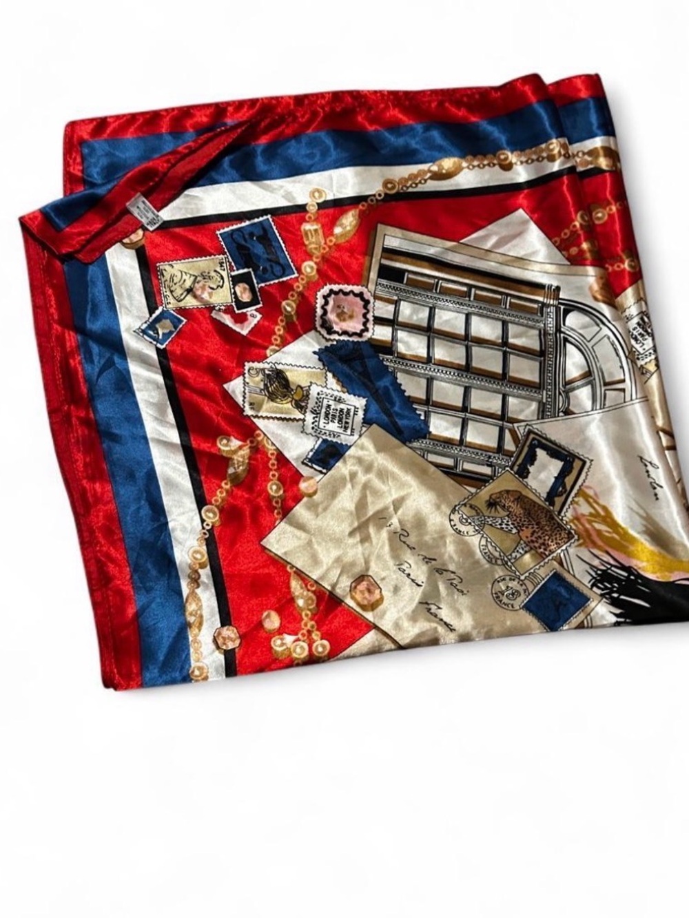 Luxury Satin Scarf Red, Blue, Cream Pattern made in Italy